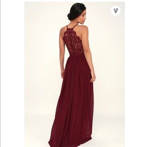HEMMED Lulu’s Love Spell Burgundy Lace-Back Maxi Dress